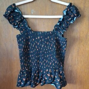 Black Floral Smocked Ruffle Crop Top